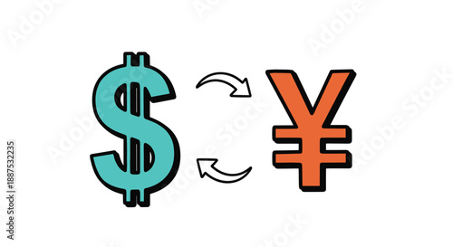 Illustration of a dollar sign and a yen sign connected by arrows, symbolizing international currency exchange and global financial trade.