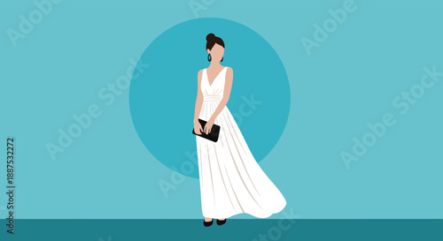 Elegant woman in a long white evening gown holding a black clutch bag, standing against a blue circular background in a minimalist style.