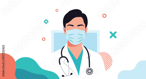 Professional male doctor wearing a white lab coat, green surgical scrubs, and a protective face mask, equipped with a stethoscope around his neck.