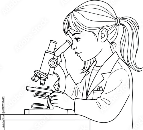 Young girl dressed in a laboratory coat intently looking through the eyepiece of a compound microscope for scientific discovery and learning