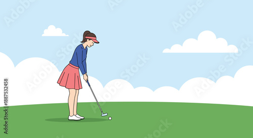 Young woman in a blue shirt and pink skirt practicing golf on a green field under a clear blue sky with white fluffy clouds.