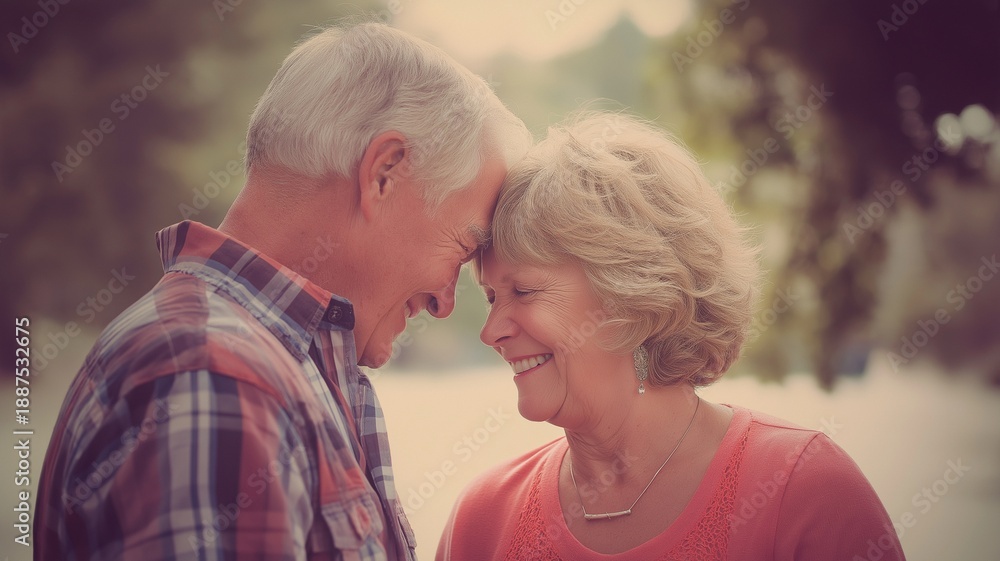 Obraz premium Elderly couple smiling warmly at each other while sitting together, love, companionship, happiness during their retirement years.