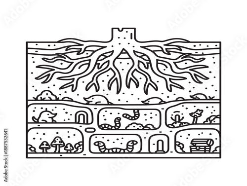 Illustration of soil layers with roots and insects