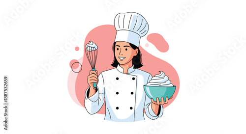 Happy female pastry chef wearing a white uniform and toque, holding a metal whisk and a bowl of fresh whipped cream or frosting.