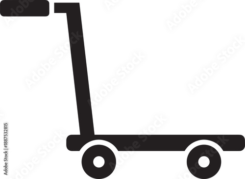 Black silhouette illustration of flatbed cart or platform trolley with wheels and handle, symbolizing warehouse transport, industrial logistics, retail storage, and material handling 