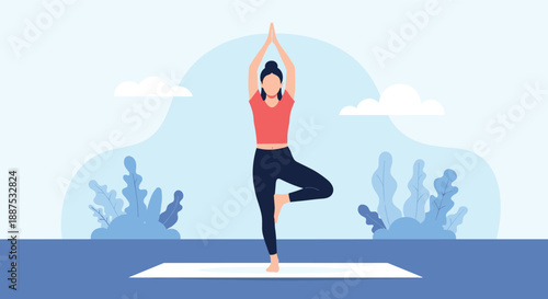 Young woman practicing the yoga tree pose for balance and mindfulness on a white mat in a peaceful outdoor setting with blue plants.
