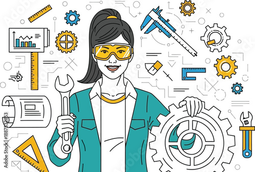 Skilled female engineer wearing safety goggles holds a wrench while presenting a large gear surrounded by technical tools and mechanical symbols