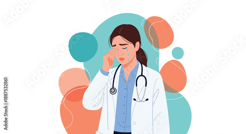 Distressed female doctor in a white lab coat and stethoscope crying and wiping her eyes, expressing grief, burnout, or exhaustion.