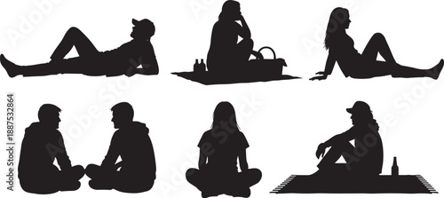 Black silhouette illustration of people sitting and reclining in relaxed outdoor poses, leisure, social interaction, casual lifestyle, picnic gathering, and community relaxation concepts for 