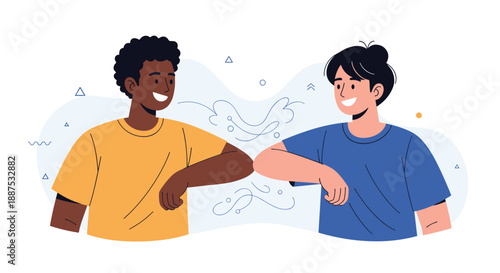 Two smiling young men, one Black and one white, performing an elbow bump greeting as a safe alternative to a handshake during a pandemic.