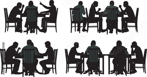 lack silhouette illustration of people sitting around tables engaged in group discussion, teamwork, collaboration, communication, and social interaction for business, education, and community concepts
