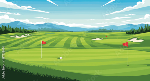 Beautiful wide panoramic view of a lush green golf course with several red flags, sand traps, and distant blue mountains under a sunny sky.