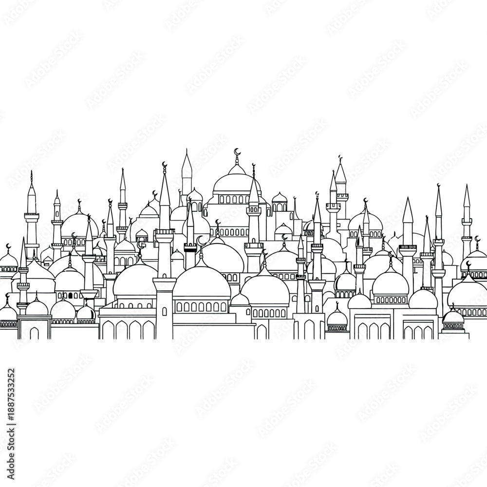 Obraz premium Majestic mosque architecture skyline featuring multiple domes and minarets, representing cultural heritage and spiritual significance, perfect for religious and travel content