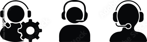 customer service support call center black three icons set vector illustration design 