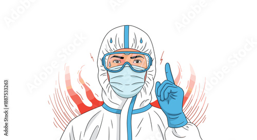 Healthcare professional wearing a full white hazmat suit, mask, goggles, and blue gloves, pointing up with a warning or instruction.