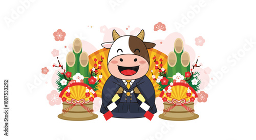 Festive cartoon cow dressed in traditional Japanese clothing for the Year of the Ox, surrounded by lucky symbols and plum blossoms.