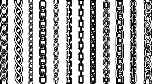 Chain link border styles vertical set with multiple metal patterns decorative industrial elements isolated on white background vector illustration