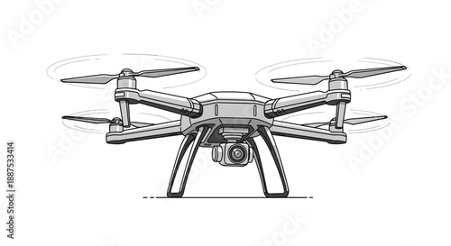 Modern remote controlled drone with four propellers and camera flying in air against white background for aerial photography.