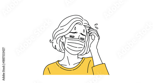 Young woman wearing medical face mask feeling sick with high fever and headache during pandemic or heatwave season illustration.