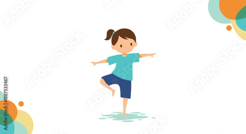 Cute little girl practicing yoga pose and balancing on one leg for healthy lifestyle and physical activity for kids illustration.