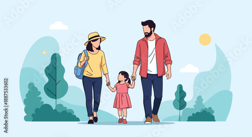 Happy family with mother father and young daughter holding hands while walking together in a beautiful green park nature landscape.