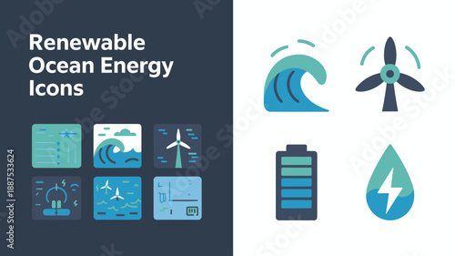 a visual representation showcasing various icons related to renewable ocean energy sources including wave tidal and wind power technologies high quality professional detailed modern elegant stylish