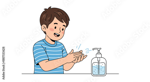 Smiling young boy using liquid hand sanitizer from pump bottle to maintain hygiene and prevent germs during daily routine at home.