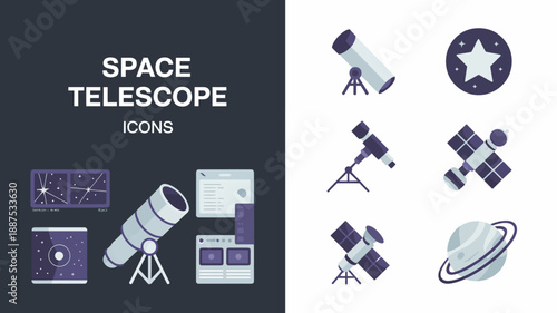 an illustrated collection of space exploration icons showcases telescopes satellites planets and starry skies in a pixelated modern design aesthetic high quality professional detailed elegant stylish