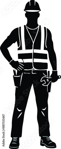 A construction worker silhouette wearing a hard hat and safety vest