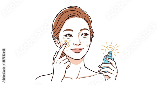 Beautiful young woman applying moisturizing skin cream or serum on her face from spray bottle for daily beauty treatment routine.