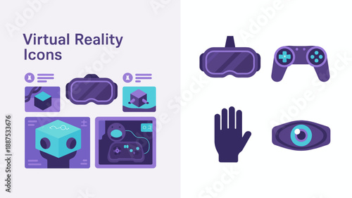 a collection of purple virtual reality icons including headsets controllers a hand an eye and geometric shapes displayed on screens high quality professional detailed modern elegant