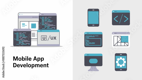 the image depicts a visual representation of mobile app development showcasing devices displaying code interfaces and design elements high quality professional detailed modern elegant stylish clean