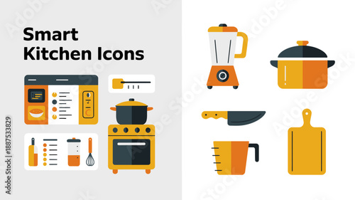 a colorful collection of kitchen appliances and utensils depicted as flat vector icons including a blender pot phone and cutting board high quality professional detailed modern