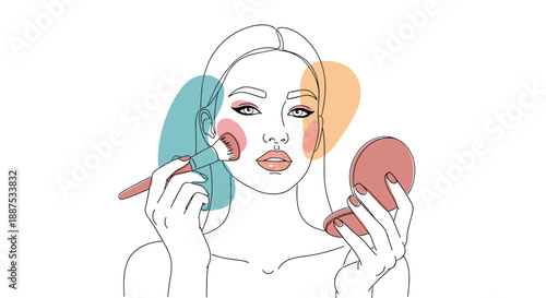 Beautiful woman applying blush on her cheeks using brush and mirror for makeup routine and beauty enhancement concept illustration.