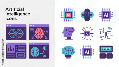 a collection of vibrant artificial intelligence icons depicting brains circuits and digital interfaces in a modern stylized design aesthetic high quality professional detailed elegant stylish clean
