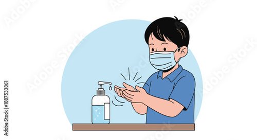 Young boy wearing blue shirt and face mask using hand sanitizer gel for hygiene and virus prevention in public space illustration.