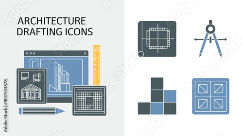 a collection of architectural drafting icons is displayed including blueprints a compass a ruler and building plan representations high quality professional detailed modern elegant stylish clean