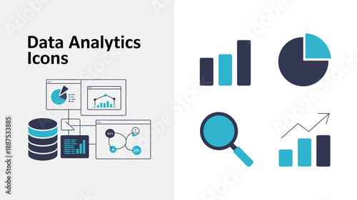 a visual representation of data analytics concepts with icons depicting charts databases and analytical tools for informed decision making high quality professional detailed modern elegant stylish