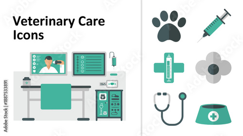 this image showcases veterinary care symbols including a paw print syringe stethoscope medical chart and a veterinarian examining an animal high quality professional detailed modern elegant