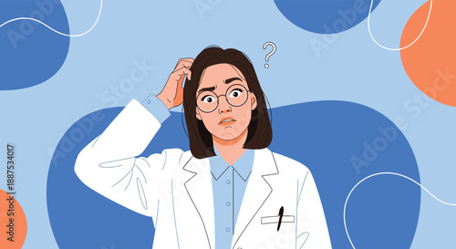 Concerned female doctor in white lab coat scratching her head with a question mark symbol thinking about medical diagnosis or case.