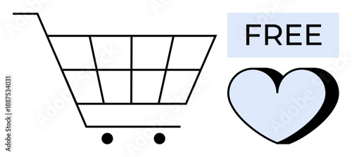 E-commerce, online shopping, discounts, customer loyalty, retail promotion, marketing. Shopping cart, free sign heart shape. E-commerce and discounts concept emphasizing customer loyalty