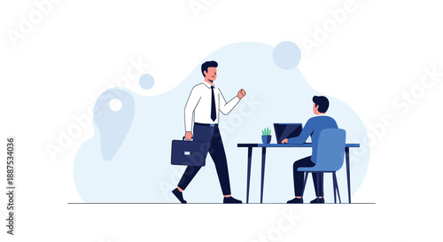 Businessman with briefcase walking into office to meet colleague or client for job interview or business collaboration concept.