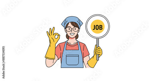 Happy cleaning lady wearing blue apron and gloves holding a job sign and making okay gesture for domestic service employment.