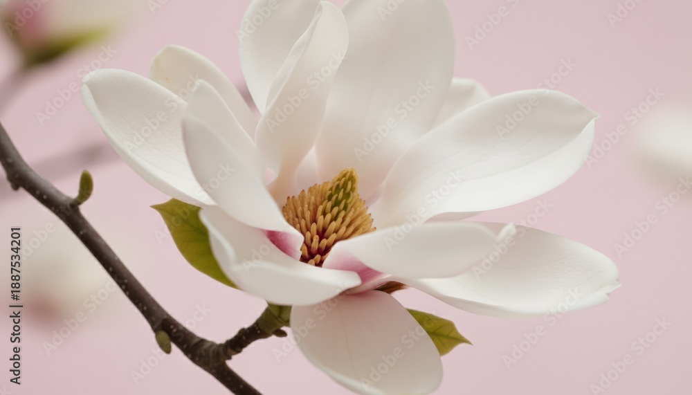 Fototapeta premium White magnolia flower blooming on pink background