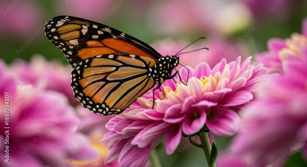 Fototapeta premium ピンクの菊の花に止まるオレンジ色のオオカバマダラ