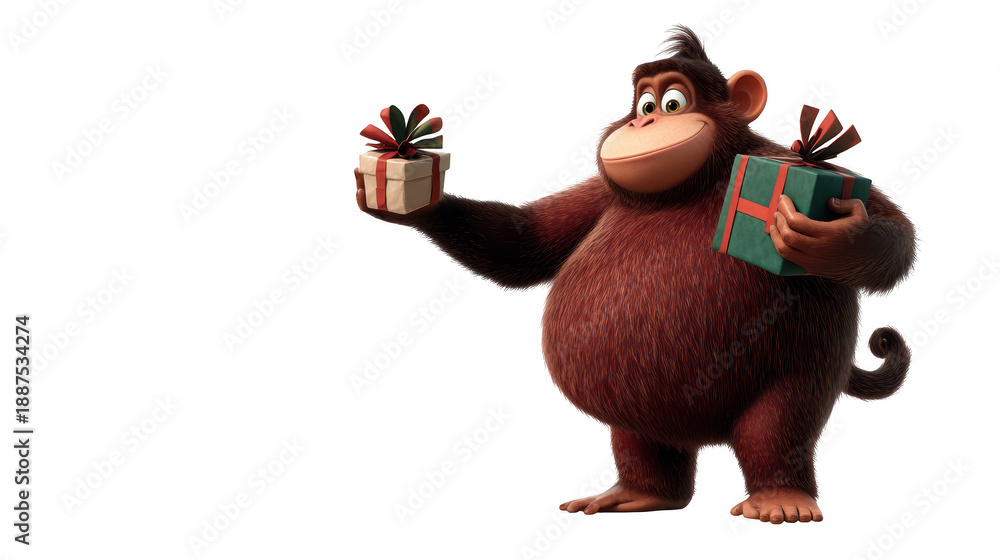 Naklejka premium Monkey holds gift box and present primate clutches wrapped gifts for special occasion