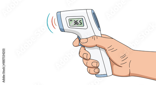 Human hand holding non-contact infrared thermometer showing normal body temperature of 36.5 degrees for health screening concept.