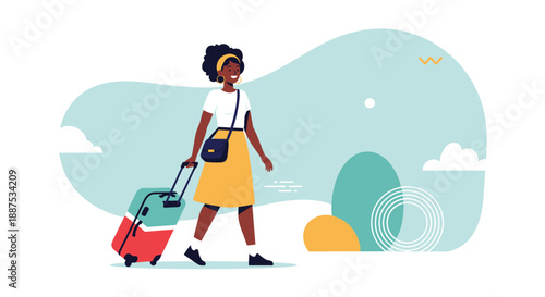 Happy black woman traveler with yellow skirt and green red suitcase walking for vacation and travel adventure concept illustration.