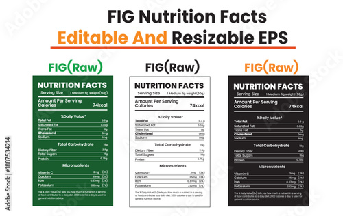 Nutrition facts labels displayed in various colors and formats on a clean white background showcasing editable and resizable design elements