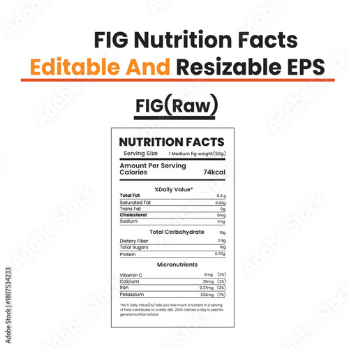 Nutrition facts table for fig product displayed on white background with editable text and resizable elements